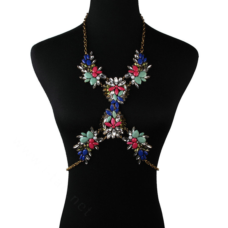 Newest Rhinestone Flower Pendant Necklace Bikini Beach Dress Decro Body Chain Jewelry - Colour