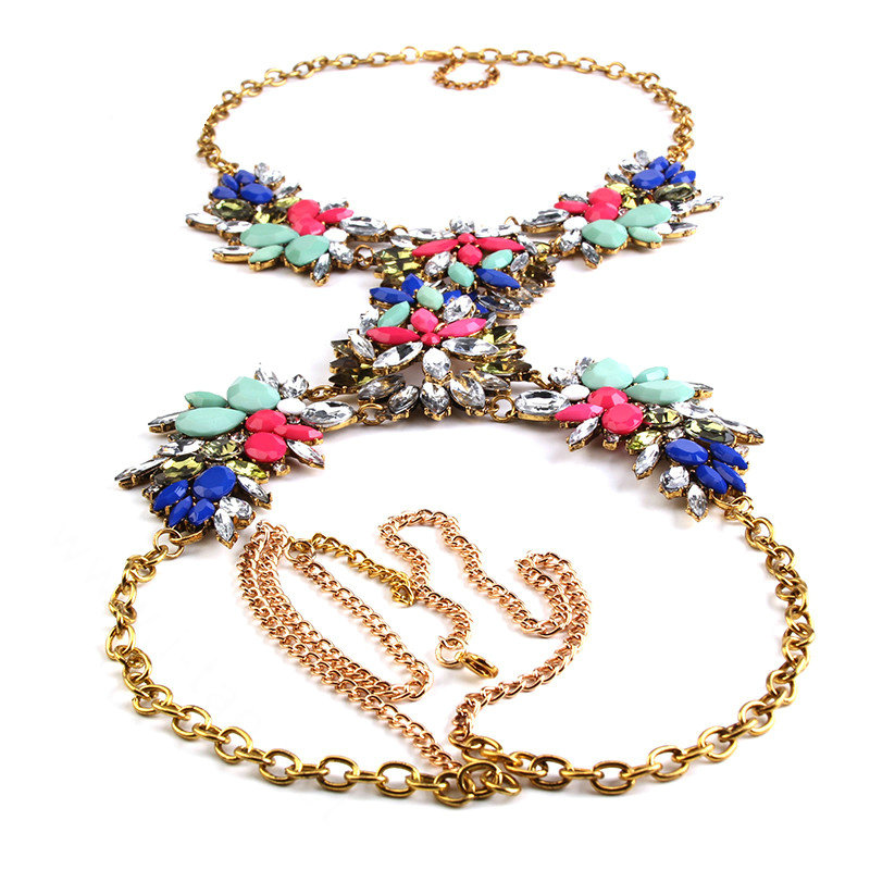 Newest Rhinestone Flower Pendant Necklace Bikini Beach Dress Decro Body Chain Jewelry - Colour