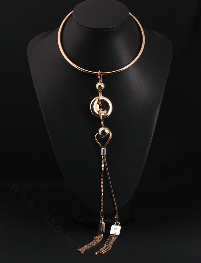 Newest Women Long Beaded Metal Collar Necklace Punk Nightclub Decor Chain - Gold