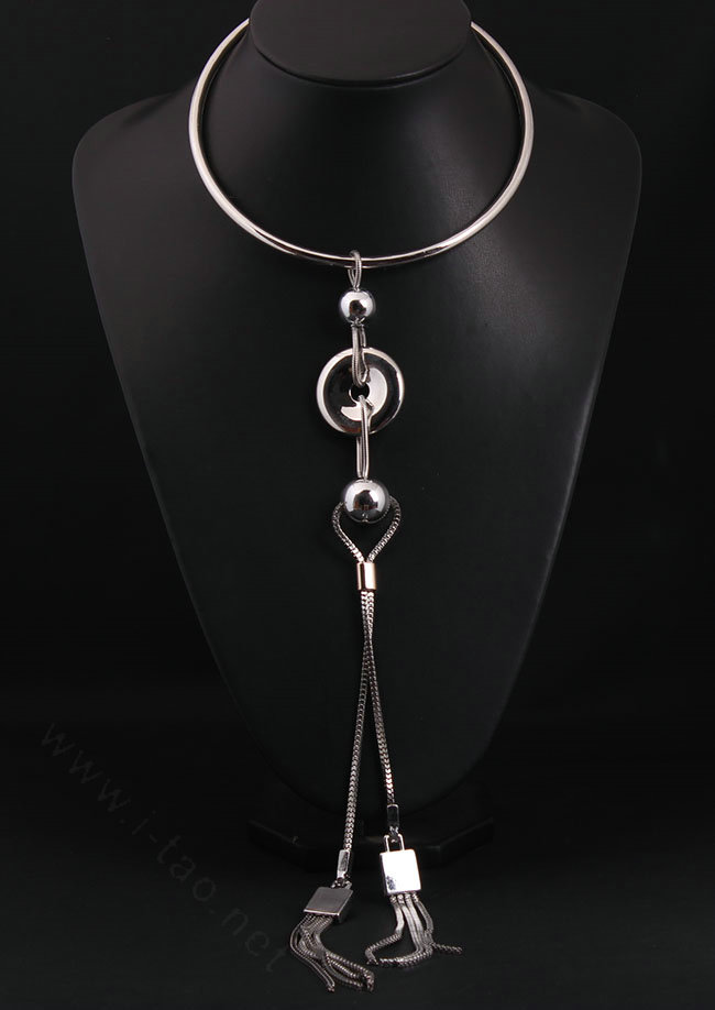 Newest Women Long Beaded Metal Collar Necklace Punk Nightclub Decor Chain - Sliver