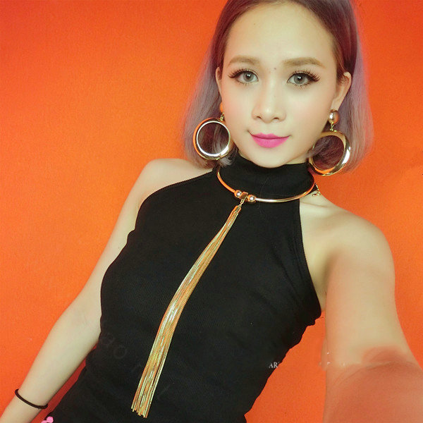 Newest Women Long Tassel Metal Collar Necklace Punk Nightclub Decor Chain - Gold