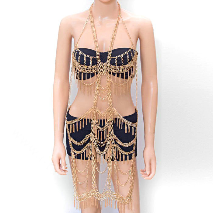 Oversized Full Body Chain Harness Slave Necklace Halter Belly Dancer Jewelry - Sliver