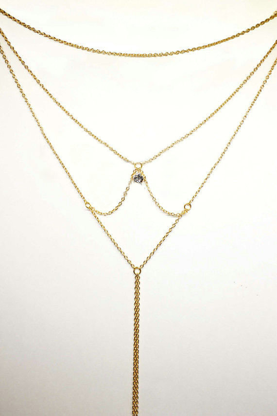 Pendant Crystal Body Chains Harness Bikini Beach Dress Decro Necklace Jewelry - Gold