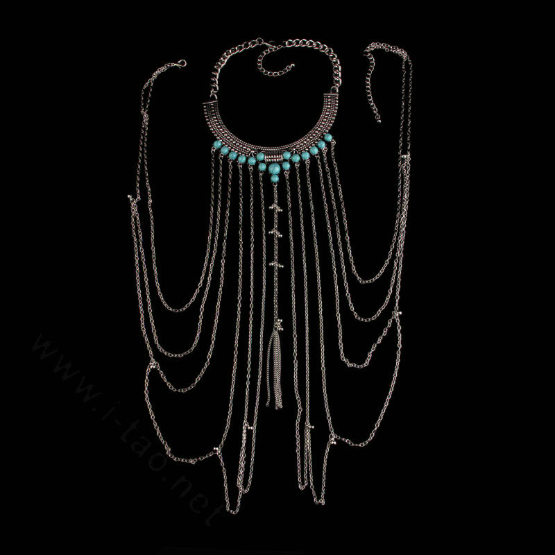 Personalized Body Chain Punk Dress Decro Gem Long Collar Necklace Jewelry - Blue