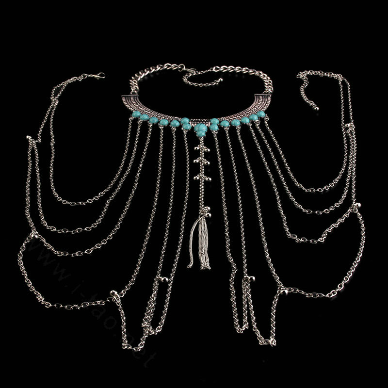 Personalized Body Chain Punk Dress Decro Gem Long Collar Necklace Jewelry - Blue
