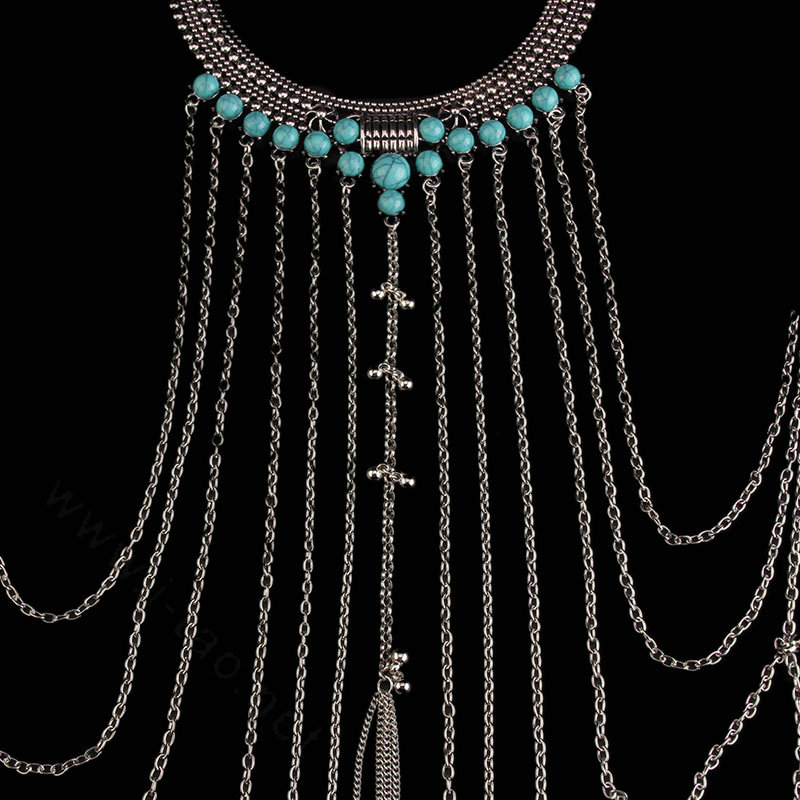 Personalized Body Chain Punk Dress Decro Gem Long Collar Necklace Jewelry - Blue