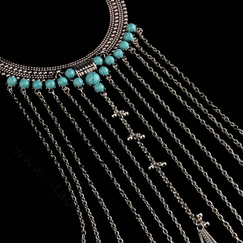 Personalized Body Chain Punk Dress Decro Gem Long Collar Necklace Jewelry - Blue