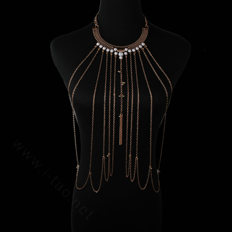 Personalized Body Chain Punk Dress Decro Gem Long Collar Necklace Jewelry - White