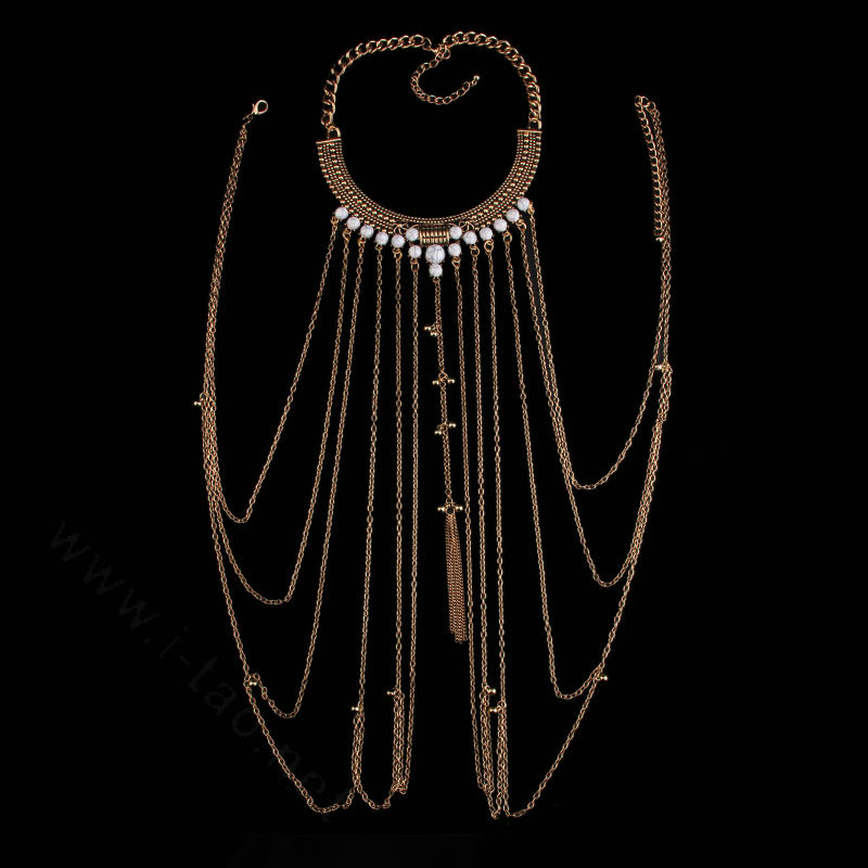 Personalized Body Chain Punk Dress Decro Gem Long Collar Necklace Jewelry - White