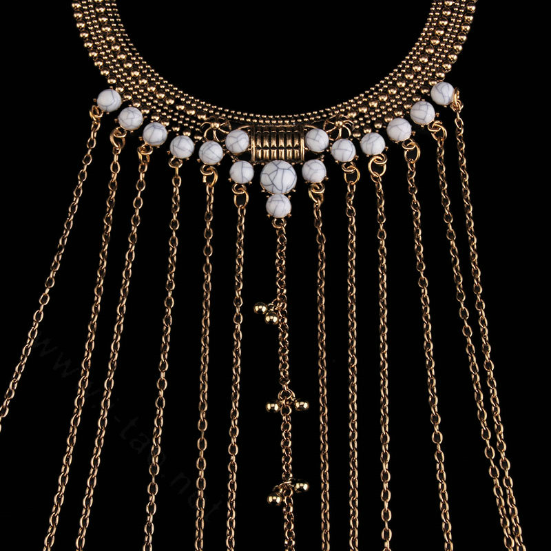 Personalized Body Chain Punk Dress Decro Gem Long Collar Necklace Jewelry - White