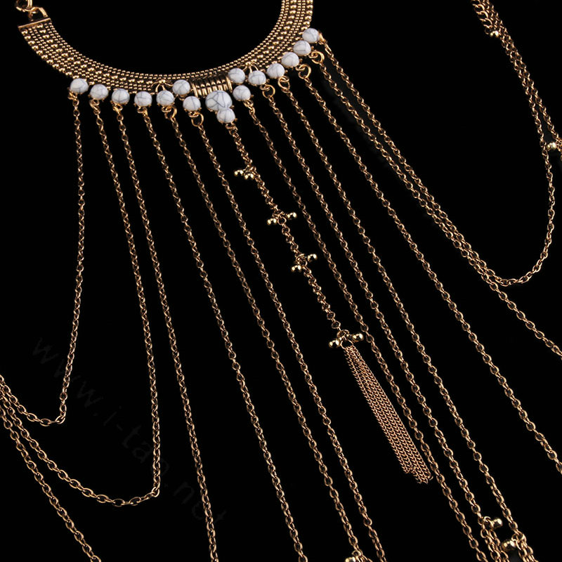 Personalized Body Chain Punk Dress Decro Gem Long Collar Necklace Jewelry - White