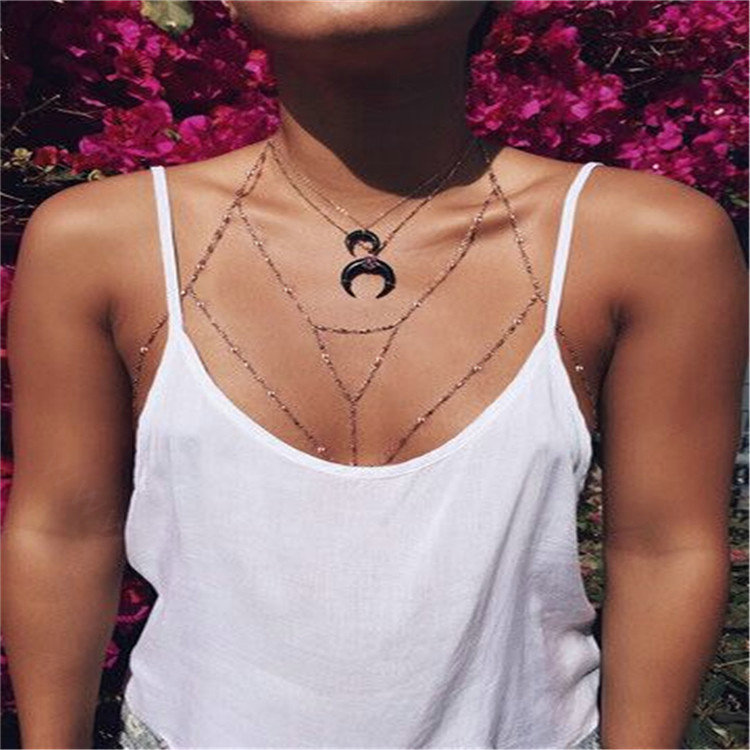Personalized Bra Body Chain Summer Punk Dress Decro Bead Necklace Jewelry - Gold