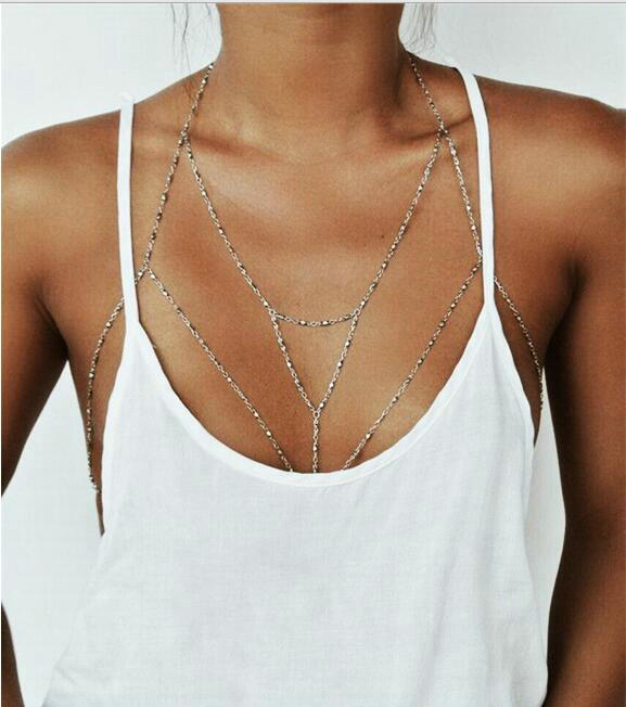Personalized Bra Body Chain Summer Punk Dress Decro Bead Necklace Jewelry - Sliver