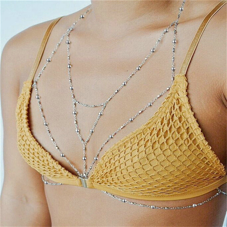 Personalized Bra Body Chain Summer Punk Dress Decro Bead Necklace Jewelry - Sliver