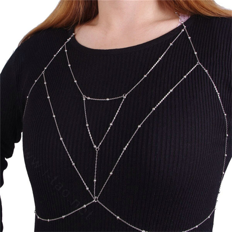Personalized Bra Body Chain Summer Punk Dress Decro Bead Necklace Jewelry - Sliver