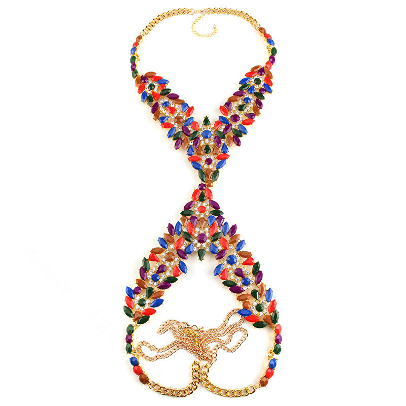 Popular Rhinestone Flower Pendant Necklace Bikini Beach Dress Decro Body Chain Jewelry - Colour