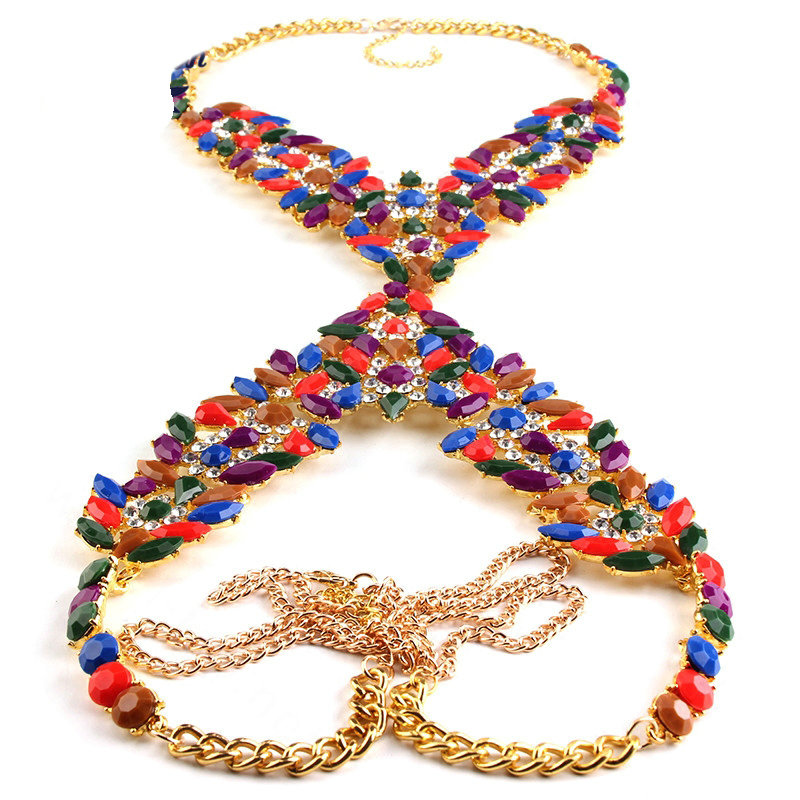 Popular Rhinestone Flower Pendant Necklace Bikini Beach Dress Decro Body Chain Jewelry - Colour