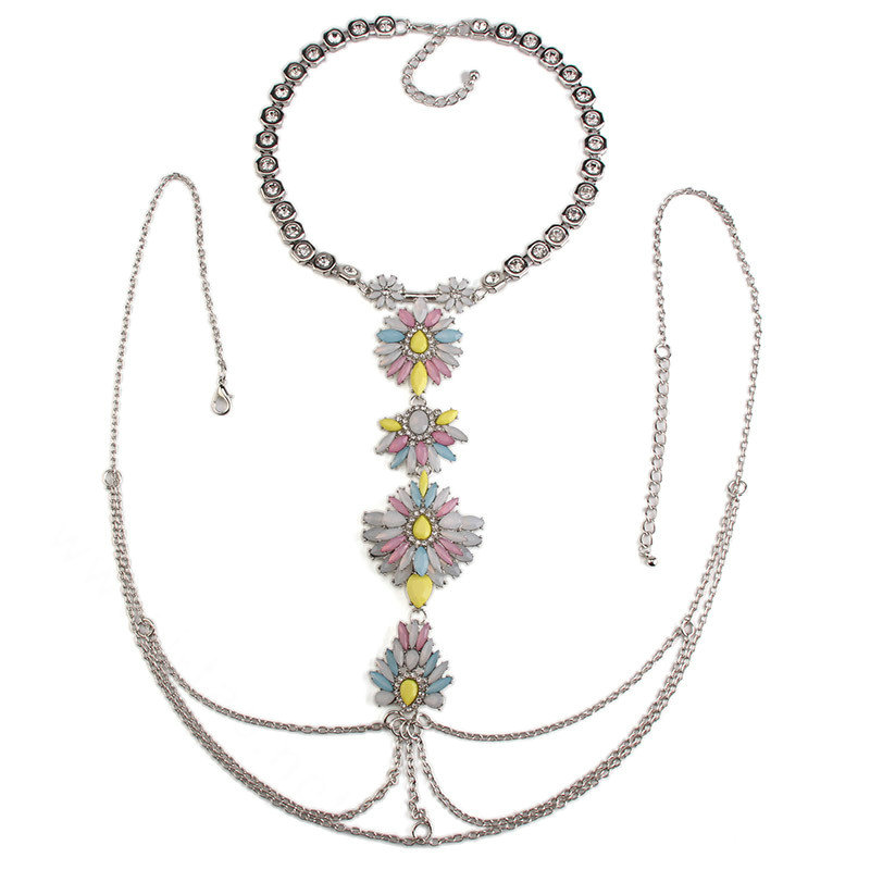 Pretty Diamond Flower Pendant Necklace Bikini Beach Dress Decro Body Chain Jewelry - Colorful