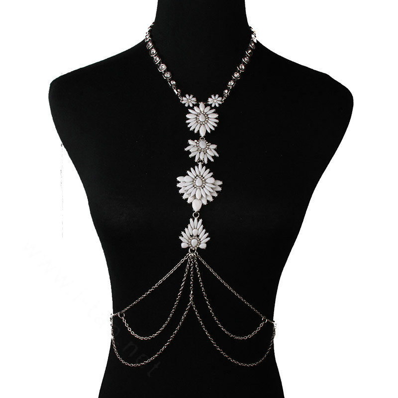 Pretty Diamond Flower Pendant Necklace Bikini Beach Dress Decro Body Chain Jewelry - White