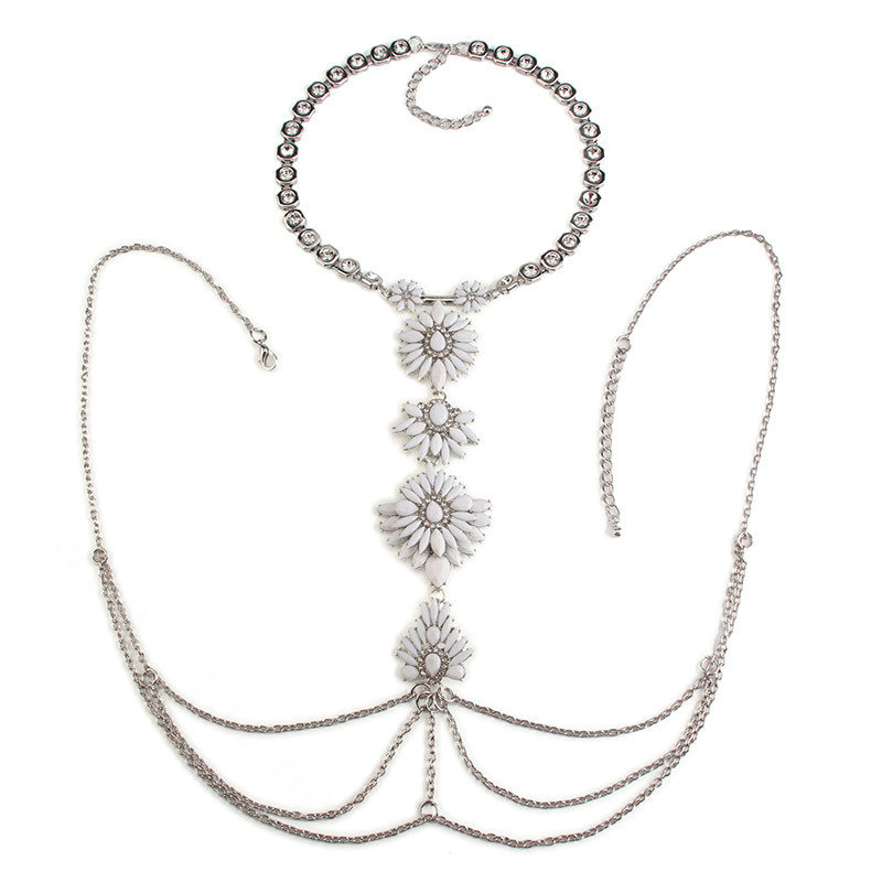 Pretty Diamond Flower Pendant Necklace Bikini Beach Dress Decro Body Chain Jewelry - White