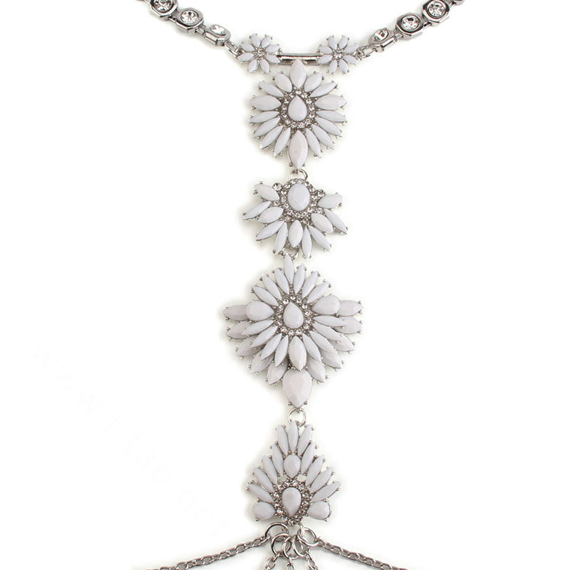 Pretty Diamond Flower Pendant Necklace Bikini Beach Dress Decro Body Chain Jewelry - White