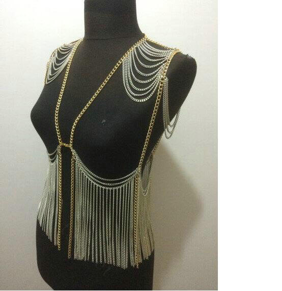 Punk Body Chain Slave Harness Waist Tassel Chain Bra Shoulder Necklace Jewelry - Gold