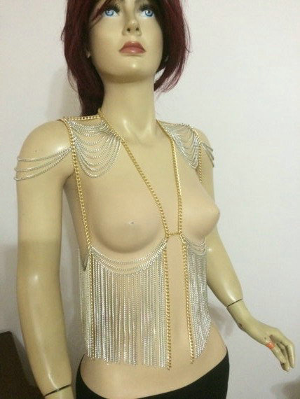 Punk Body Chain Slave Harness Waist Tassel Chain Bra Shoulder Necklace Jewelry - Gold