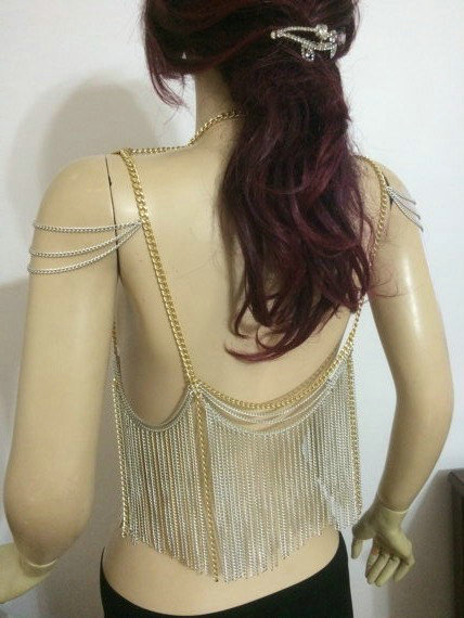 Punk Body Chain Slave Harness Waist Tassel Chain Bra Shoulder Necklace Jewelry - Gold