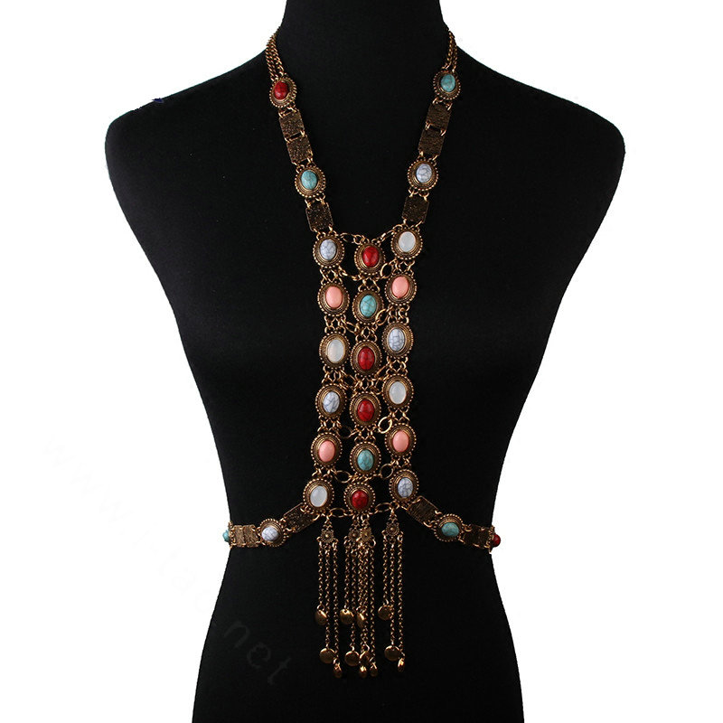 Retro Gold Plated Tassel Pendant Gem Necklace Bikini Beach Dress Decro Body Chain Jewelry - Coloured