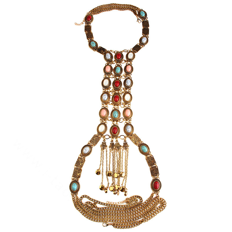 Retro Gold Plated Tassel Pendant Gem Necklace Bikini Beach Dress Decro Body Chain Jewelry - Coloured
