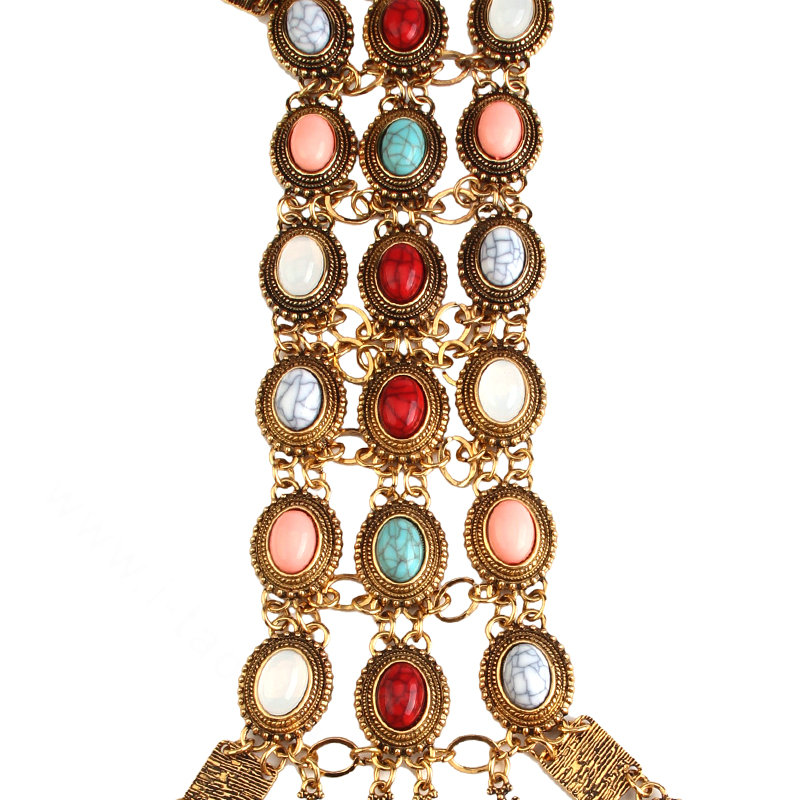 Retro Gold Plated Tassel Pendant Gem Necklace Bikini Beach Dress Decro Body Chain Jewelry - Coloured