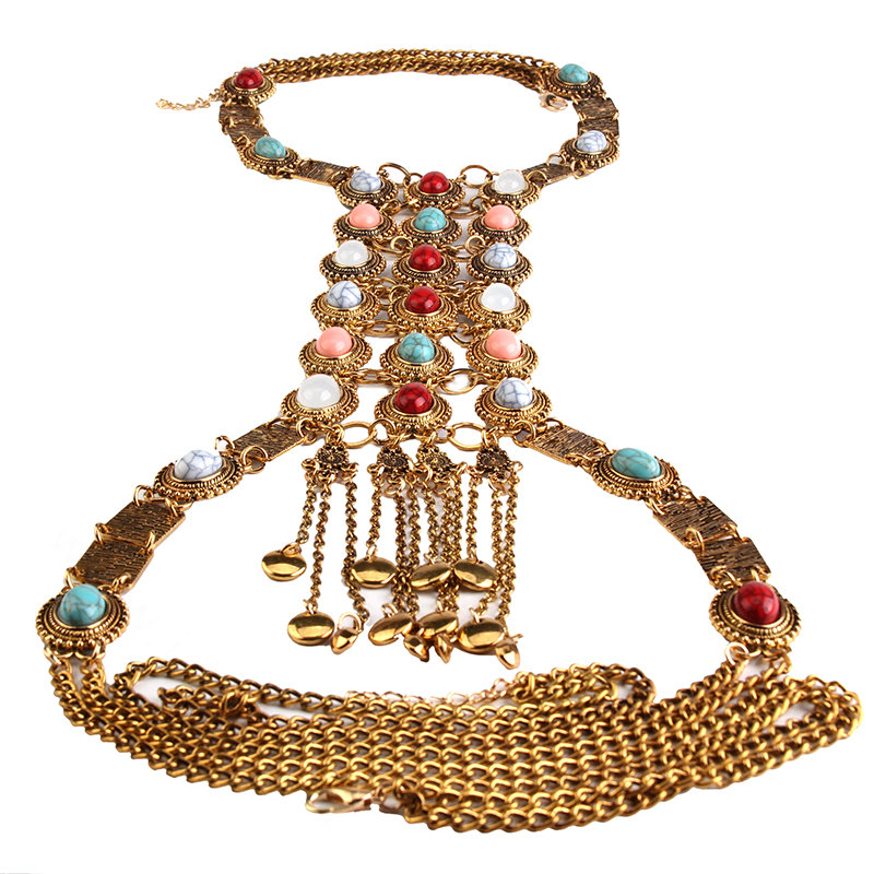 Retro Gold Plated Tassel Pendant Gem Necklace Bikini Beach Dress Decro Body Chain Jewelry - Coloured