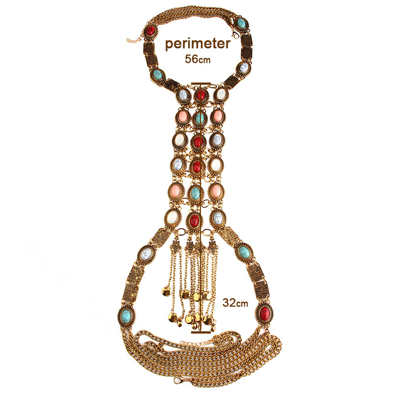 Retro Gold Plated Tassel Pendant Gem Necklace Bikini Beach Dress Decro Body Chain Jewelry - Coloured