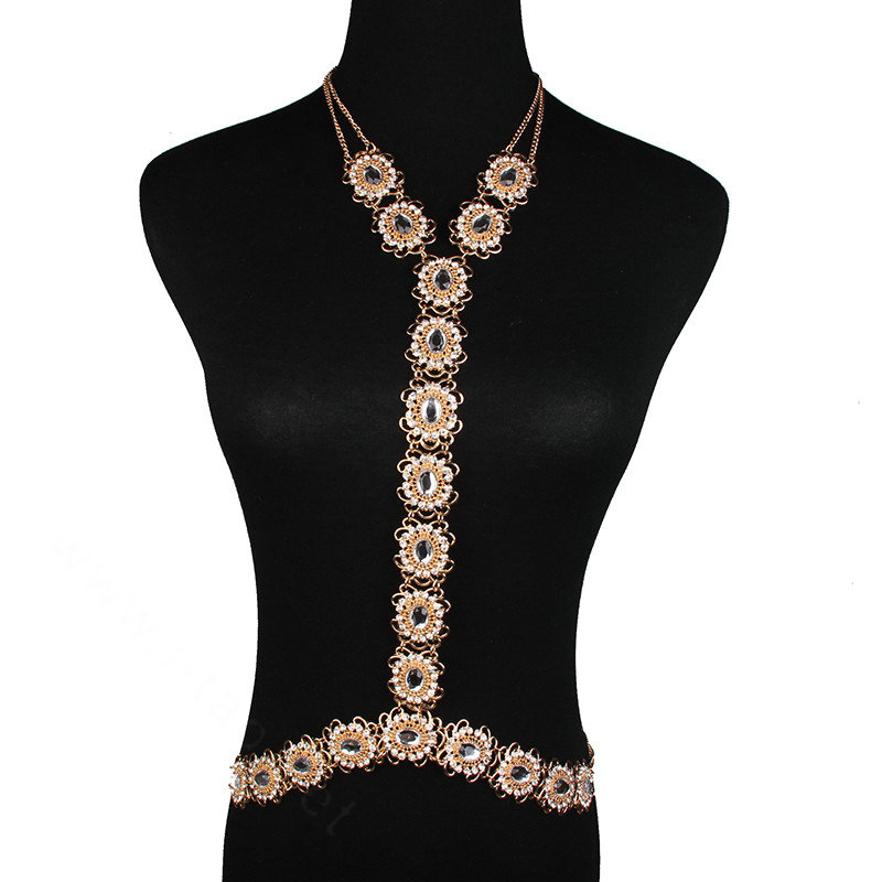 Retro Rhinestones Flower Body Chain Bikini Party Nightclub Decro Necklace Jewelry - Gold