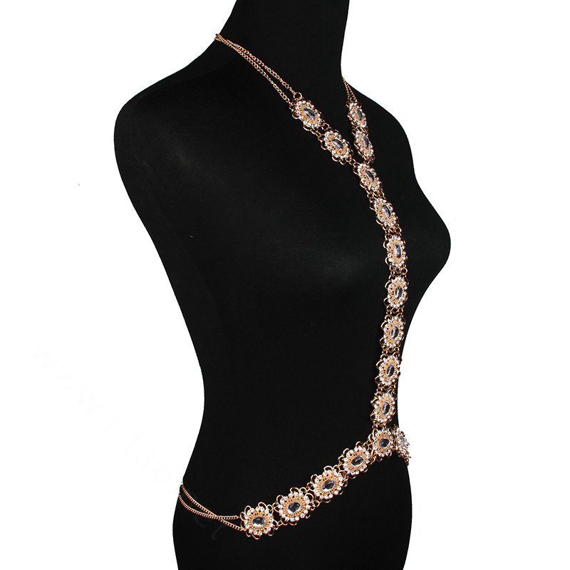 Retro Rhinestones Flower Body Chain Bikini Party Nightclub Decro Necklace Jewelry - Gold