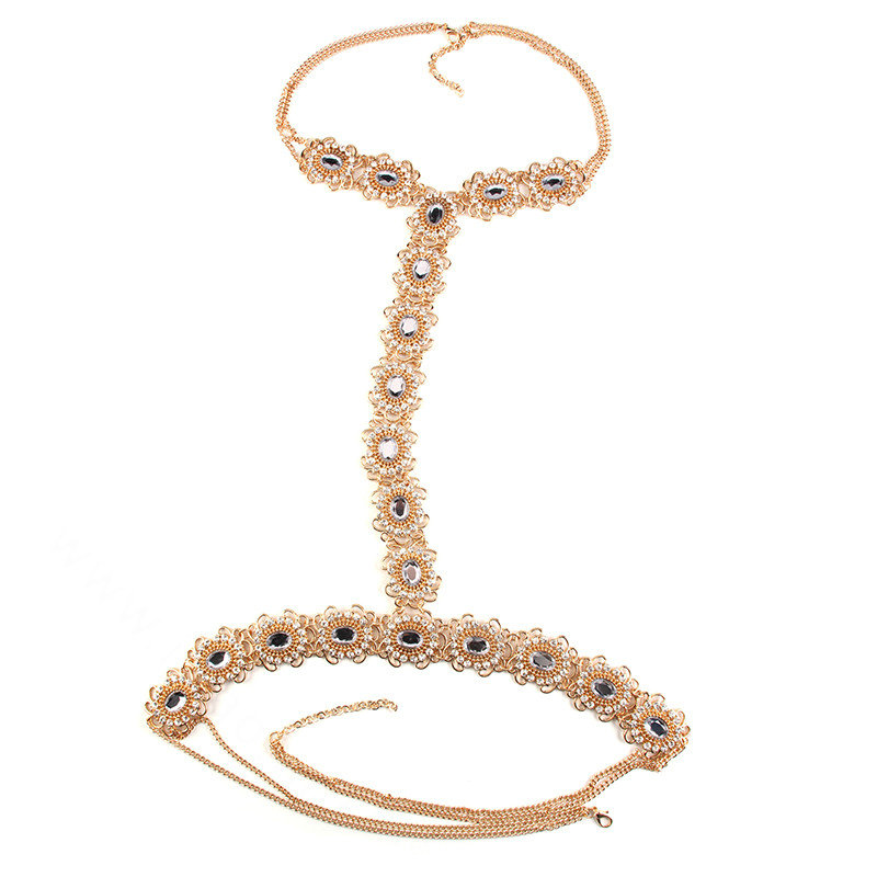 Retro Rhinestones Flower Body Chain Bikini Party Nightclub Decro Necklace Jewelry - Gold
