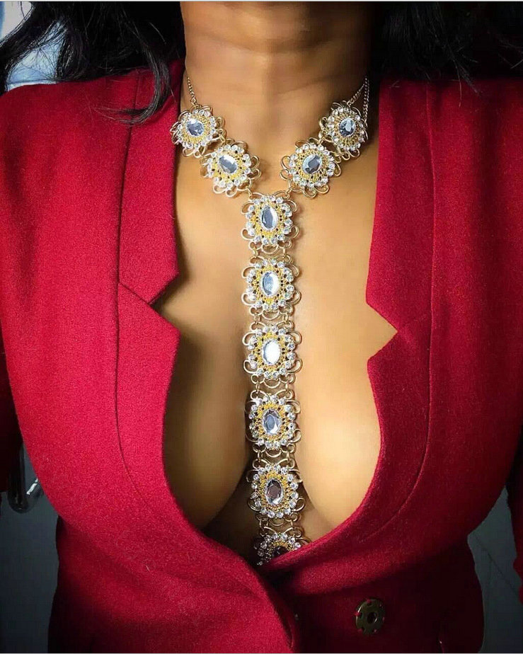 Retro Rhinestones Flower Body Chain Bikini Party Nightclub Decro Necklace Jewelry - Sliver