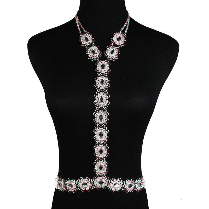 Retro Rhinestones Flower Body Chain Bikini Party Nightclub Decro Necklace Jewelry - Sliver