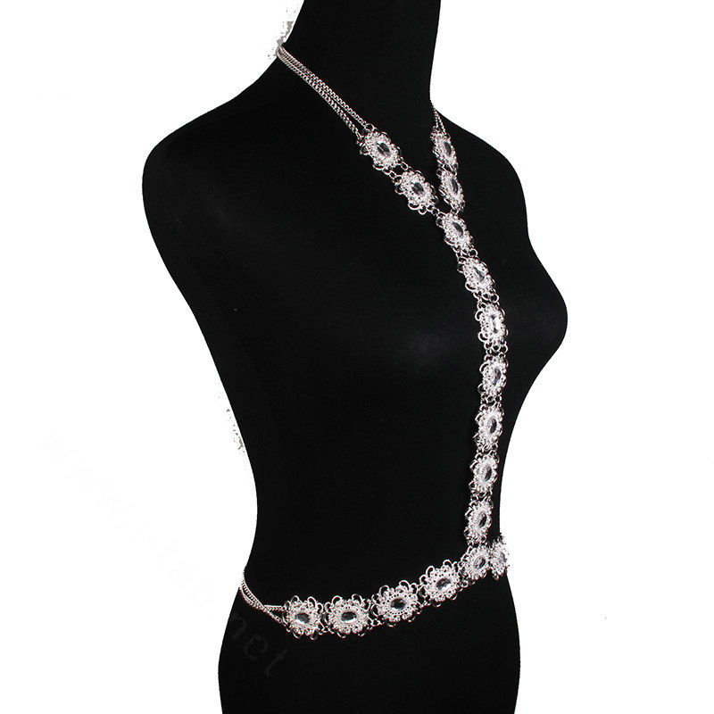 Retro Rhinestones Flower Body Chain Bikini Party Nightclub Decro Necklace Jewelry - Sliver