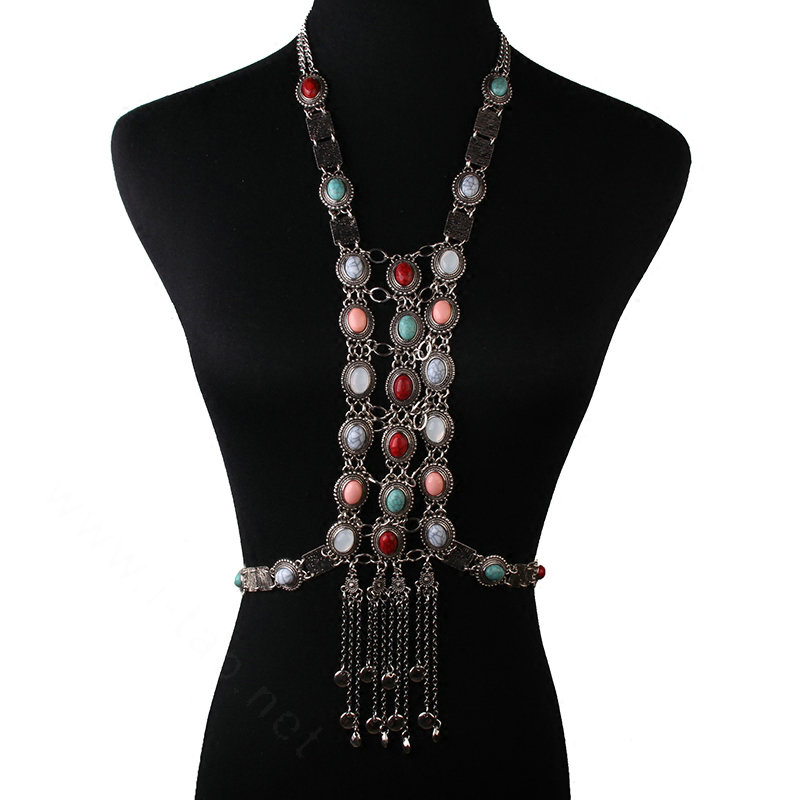 Retro Sliver Plated Tassel Pendant Gem Necklace Bikini Beach Dress Decro Body Chain Jewelry - Coloured