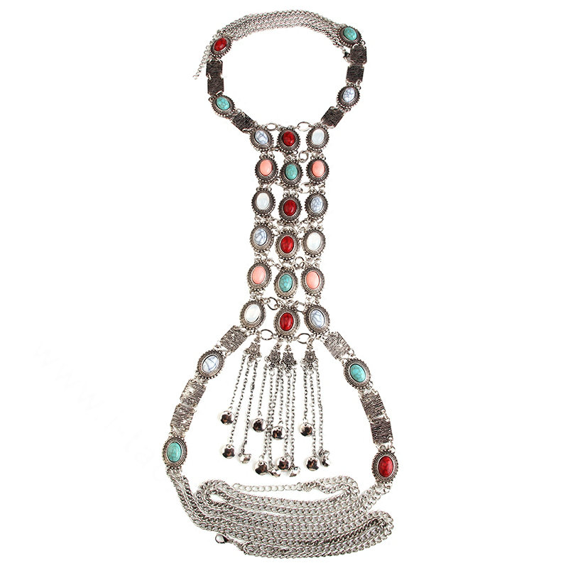 Retro Sliver Plated Tassel Pendant Gem Necklace Bikini Beach Dress Decro Body Chain Jewelry - Coloured