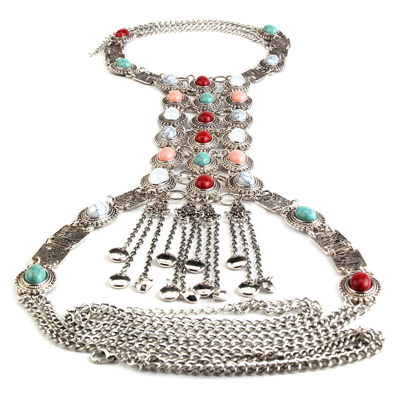 Retro Sliver Plated Tassel Pendant Gem Necklace Bikini Beach Dress Decro Body Chain Jewelry - Coloured