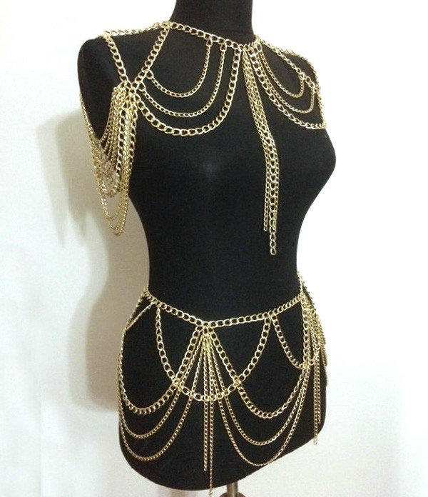 Retro Waist Body Chain Dress Decro Showgirl Necklace Shoulder Chain Jewelry - Gold