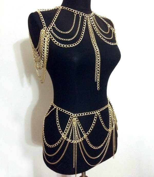 Retro Waist Body Chain Dress Decro Showgirl Necklace Shoulder Chain Jewelry - Sliver