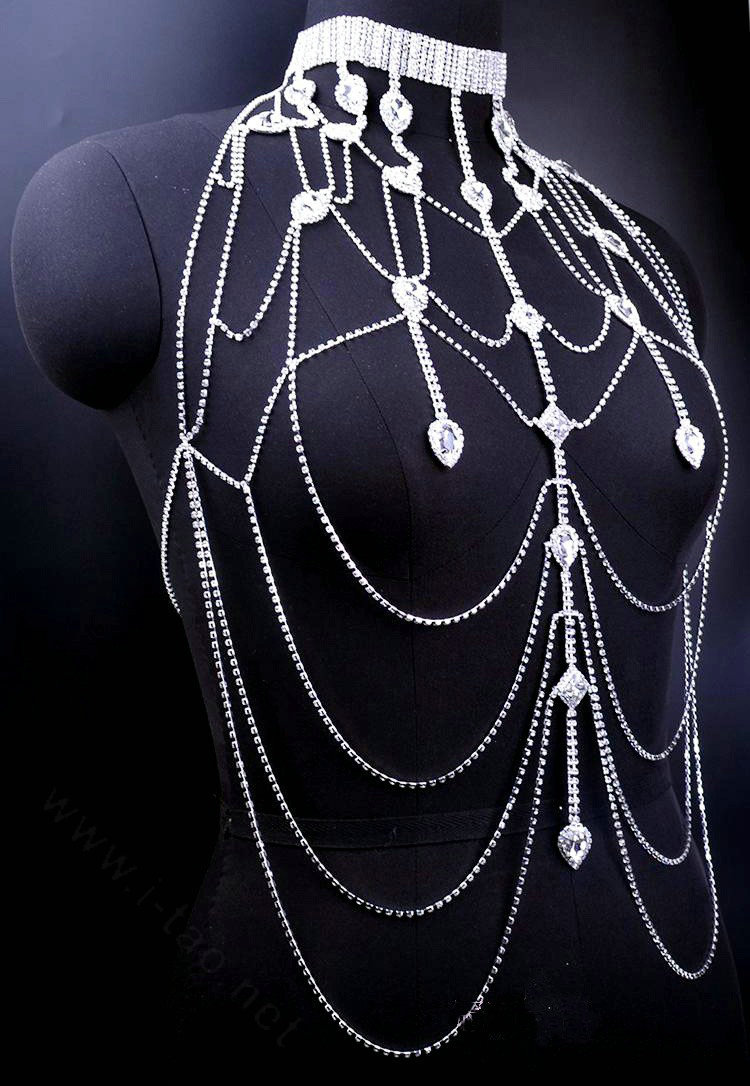 Rhinestone Full Body Chain Bridal Shoulder Necklace Dress Decor Jewellry - Silver