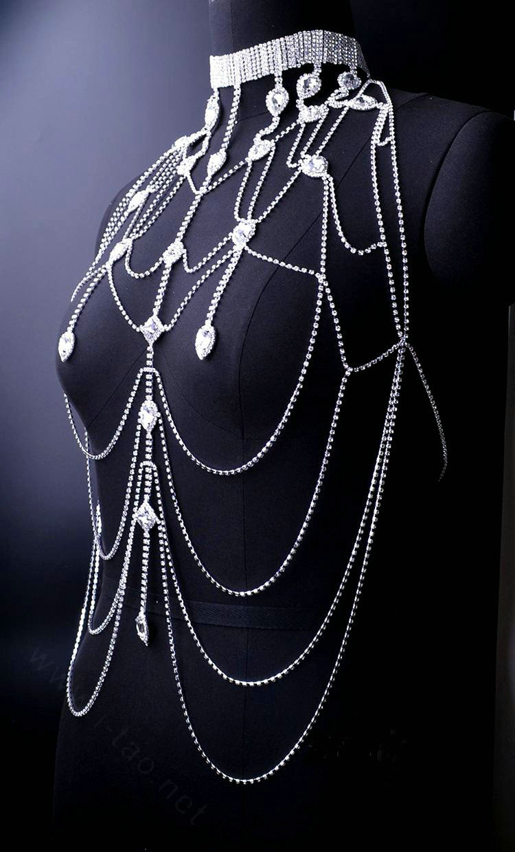 Rhinestone Full Body Chain Bridal Shoulder Necklace Dress Decor Jewellry - Silver