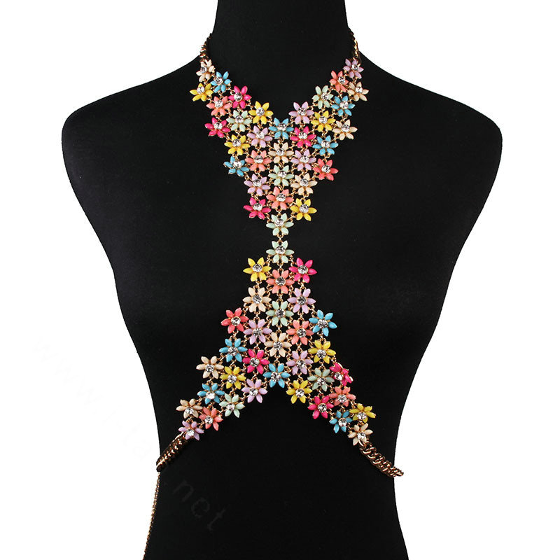 Romantic Crystal Flower Bib Pendant Necklace Dinner Party Dress Decro Body Chain - Colour