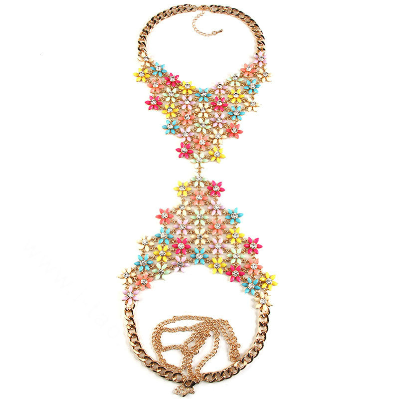 Romantic Crystal Flower Bib Pendant Necklace Dinner Party Dress Decro Body Chain - Colour