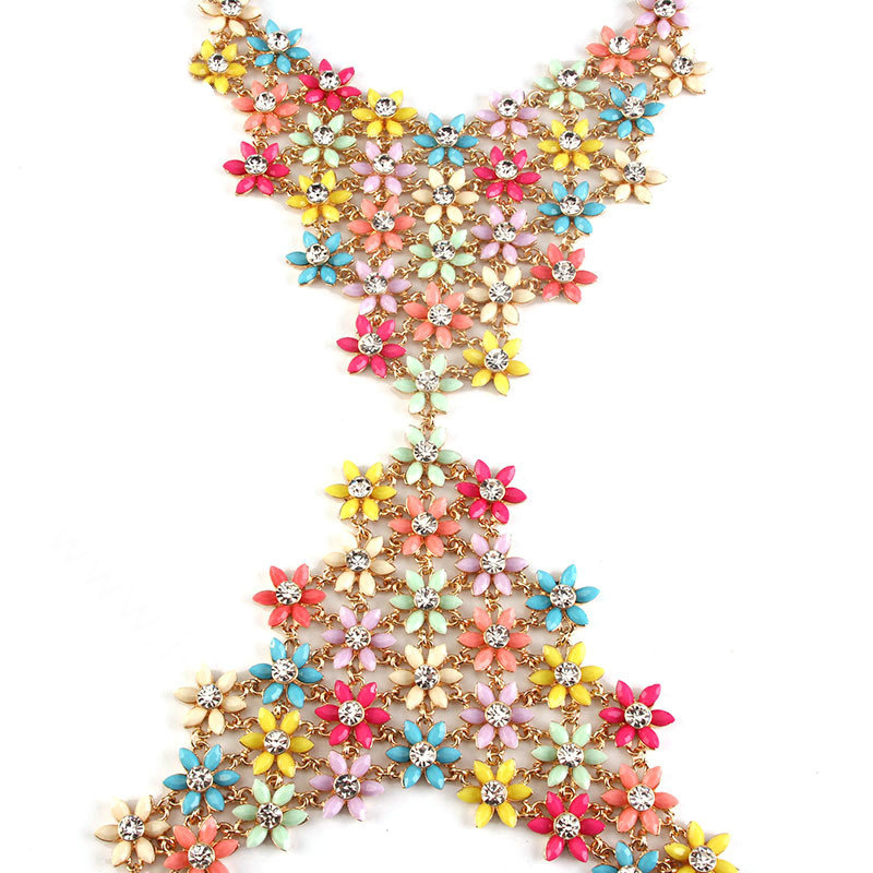 Romantic Crystal Flower Bib Pendant Necklace Dinner Party Dress Decro Body Chain - Colour