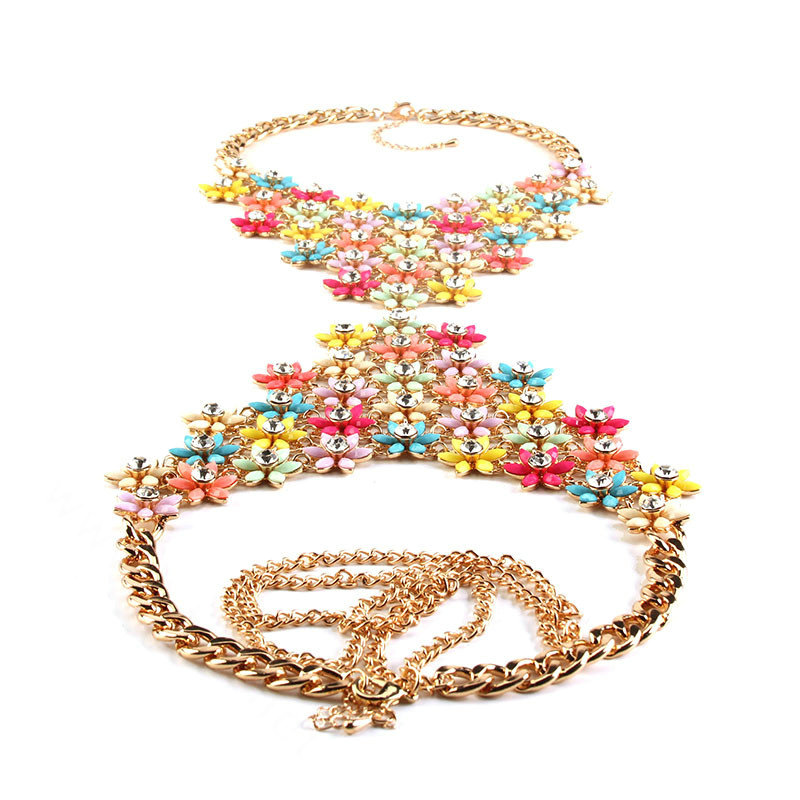 Romantic Crystal Flower Bib Pendant Necklace Dinner Party Dress Decro Body Chain - Colour